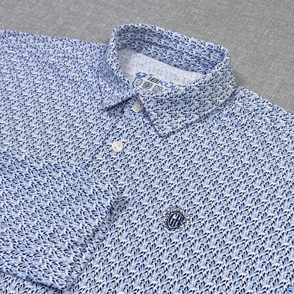 IBKUL Polo Golf Shirt Mens XL Blue Long Sleeve Floral Performance Quick Dry